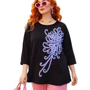 Vintage Bob Mackie Wearable Art Top Tunic Womens Large Black Floral Tee